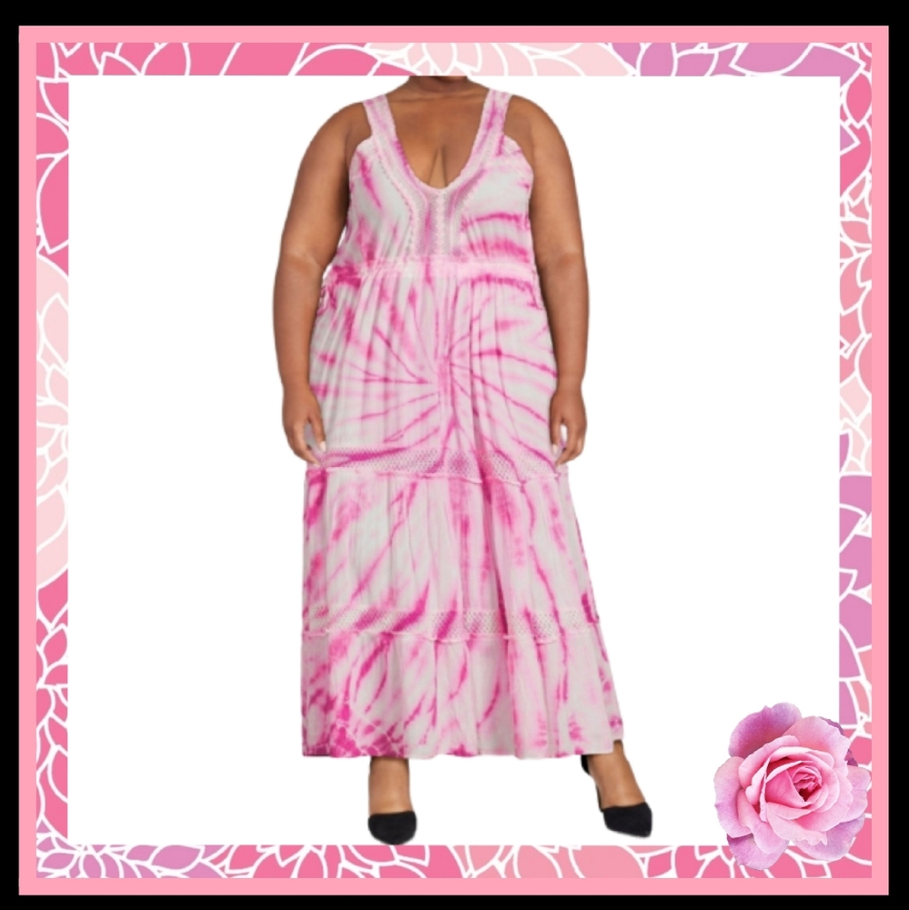 TYE DYE & MACRAME ☆ PINK & WHITE ☆ MAXI DRESS ☆ 2x ☆ NWT